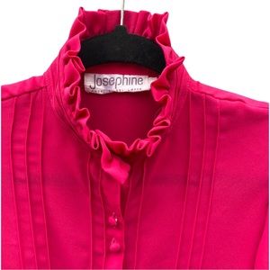 VTG pink blouse high neckline w/ ruffle pull up sleeve, secretary, button up